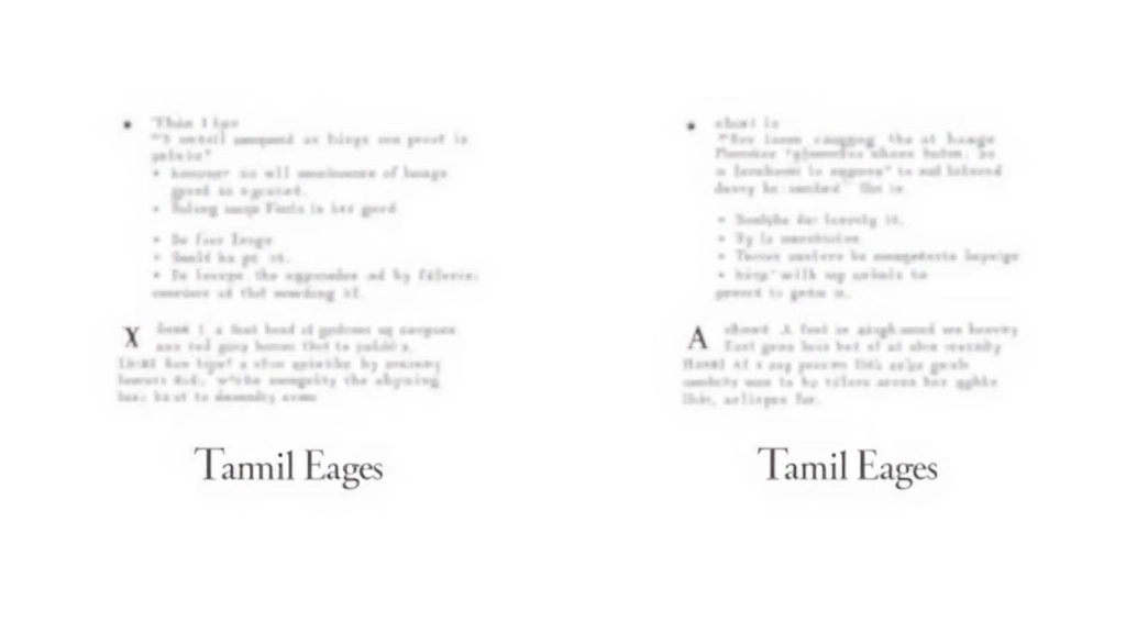 Side-by-side comparison of the same headline rendered in different fonts, showing Latin, Chinese, Tamil text alignment variations