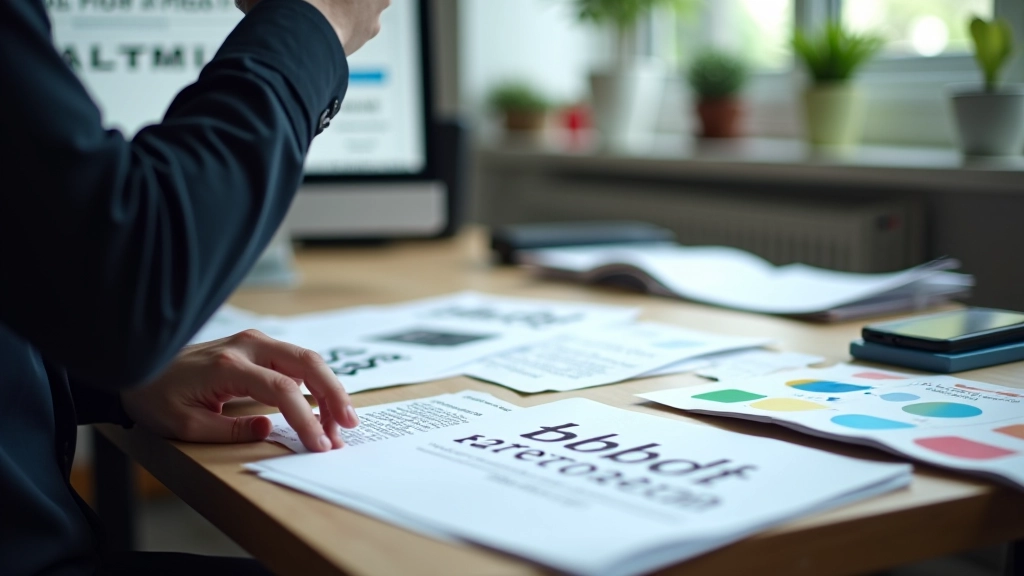Designer working at desk with font samples and color palette displayed on monitor