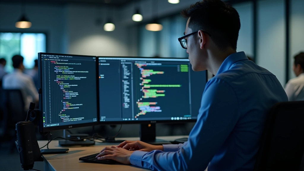 Web developer at desk with code editor showing font-face declarations and Unicode range subsetting configurations