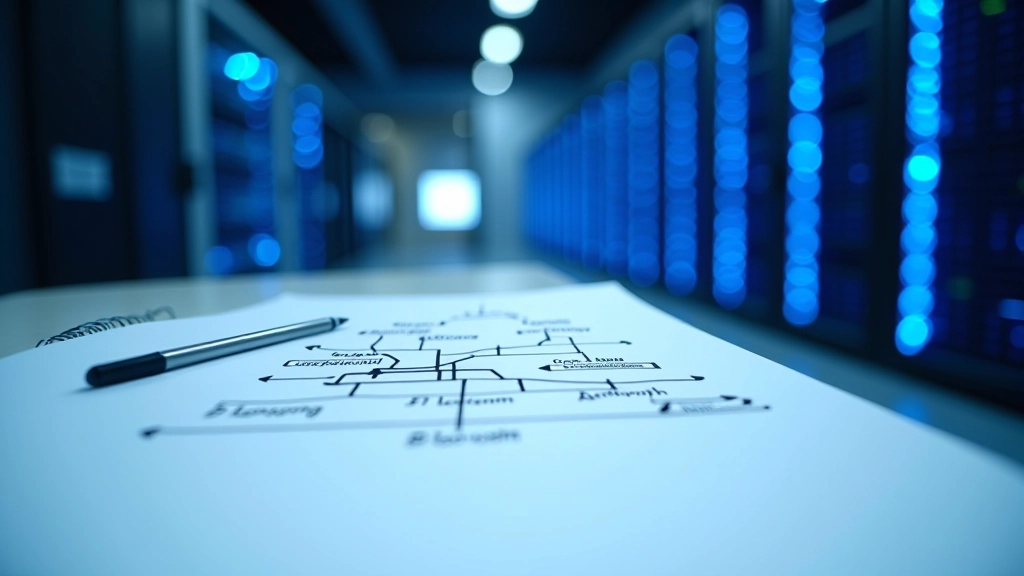Network diagram on paper showing connection nodes and file transfer indicators