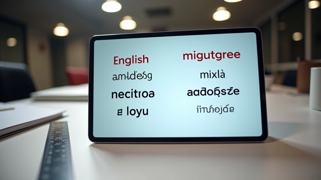 Tablet screen showing text samples in multiple languages with different line heights and spacing measurements