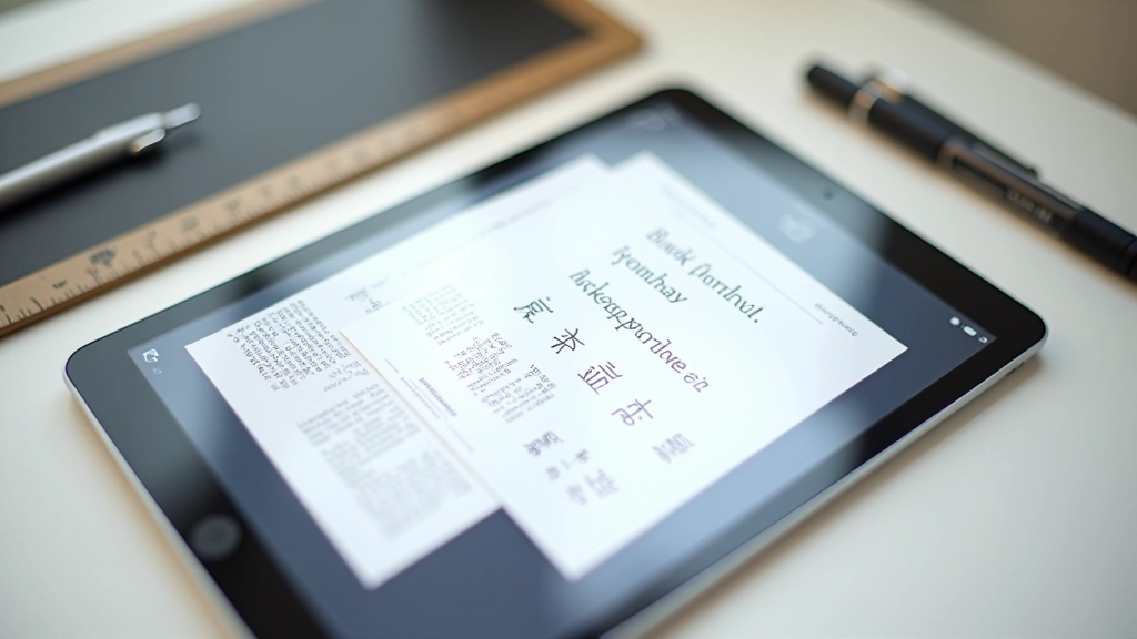 Tablet device displaying multilingual text with visible line height and character spacing measurements